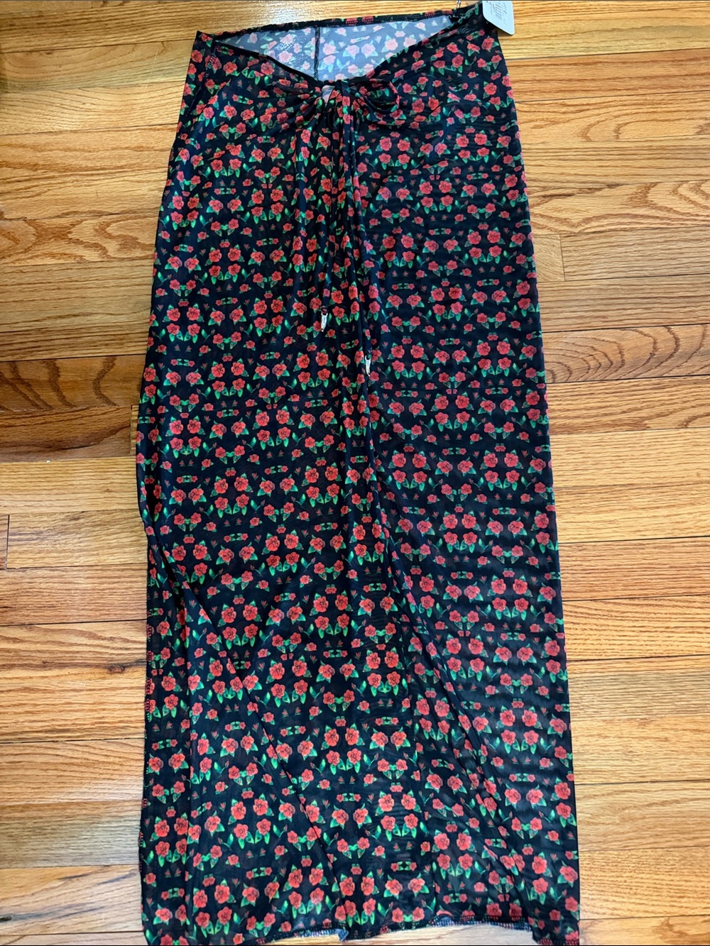 Sheer Black Maxi Skirt with Red Floral Print and Green Leaves
